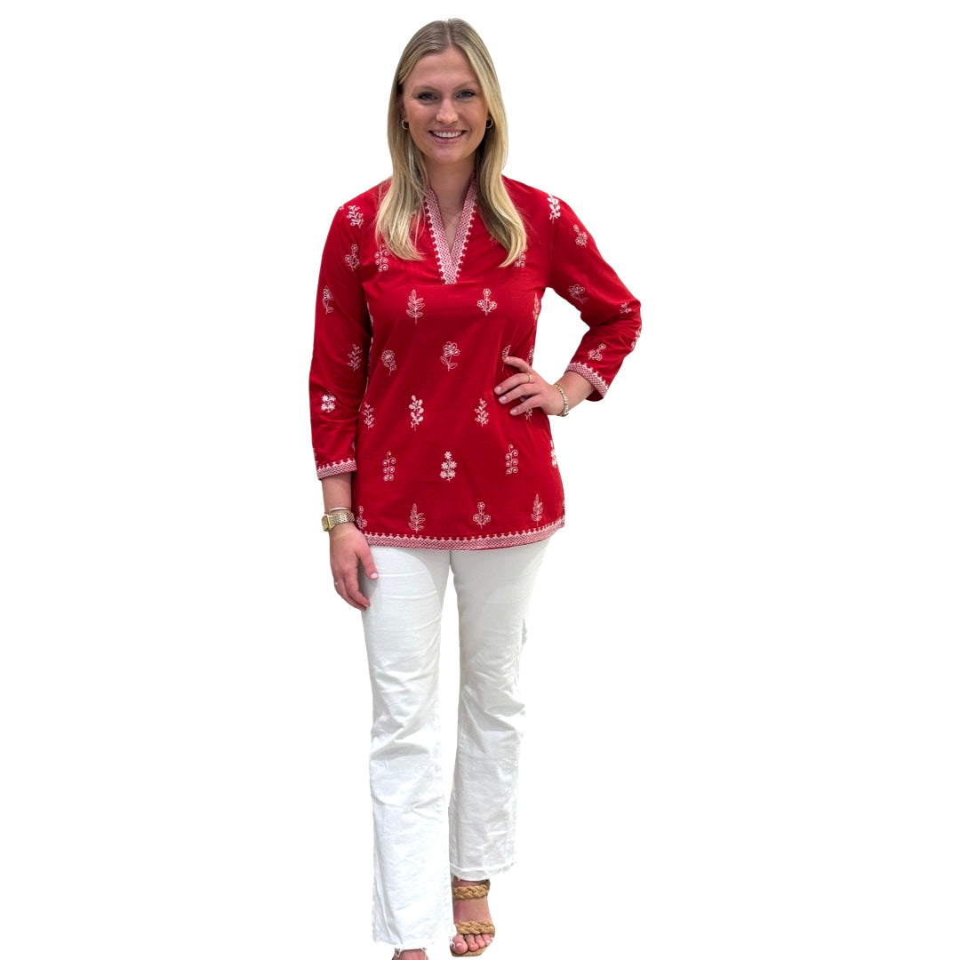 The Brie Embroidered Cotton Tunic in Red and White — view 6