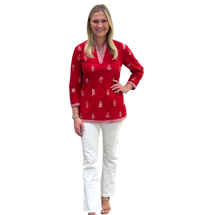 The Brie Embroidered Cotton Tunic in Red and White — view 6