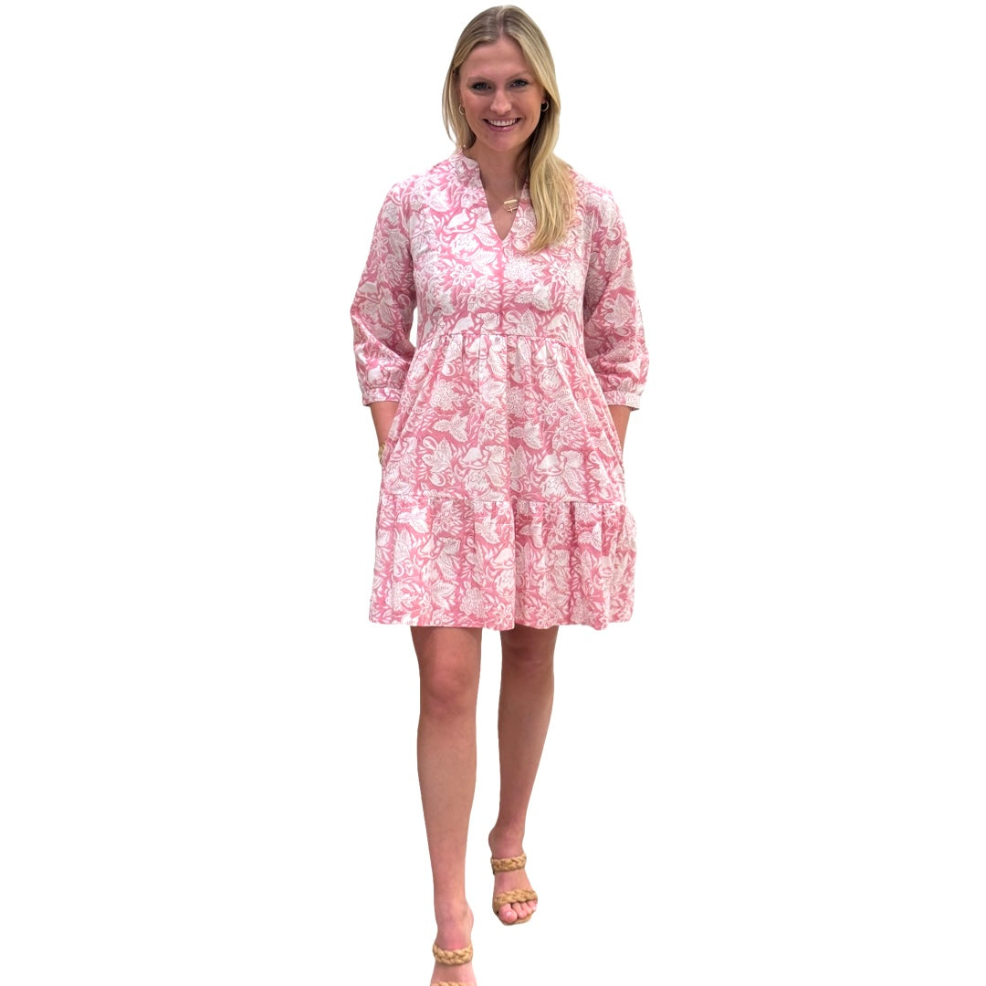 The Preston 3/4 Length Sleeve Dress in Pink and White Hand Blocked Cotton