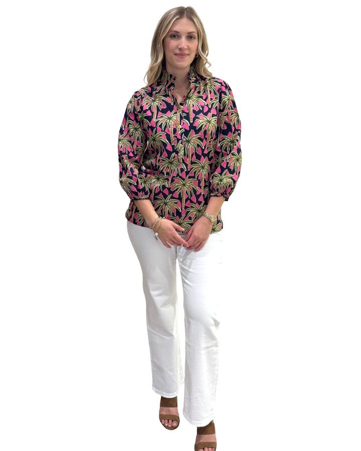 The Tricia Top in Navy Pink Palm Print — view 3