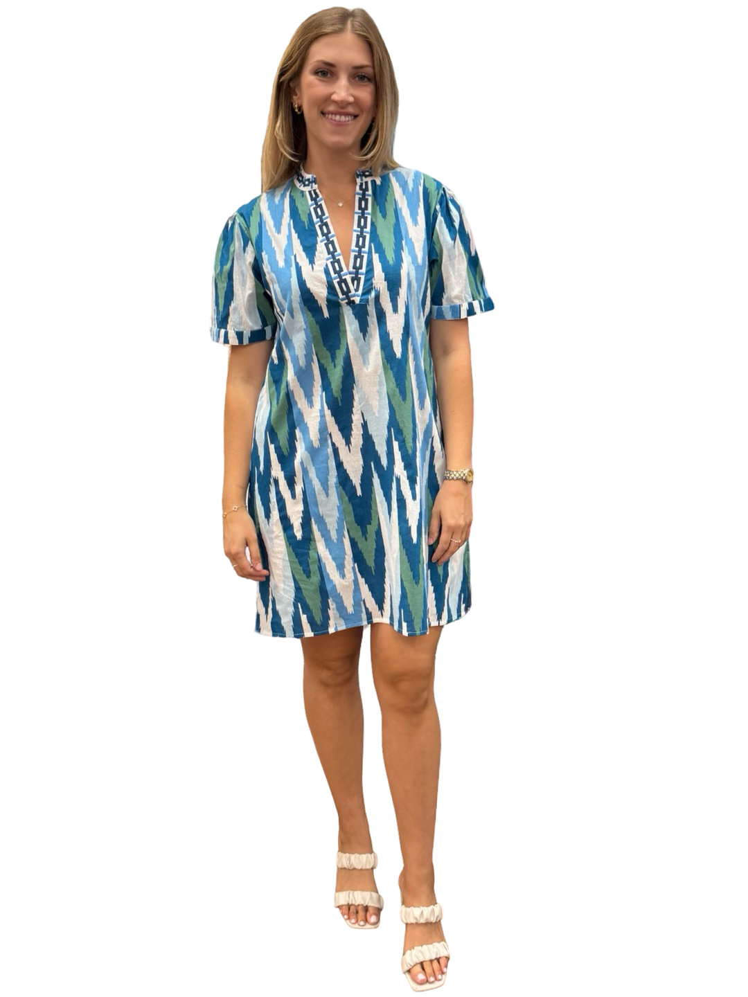 The Cynthia Embroidered Trim Cotton Dress in Blue Green Ikat — view 4