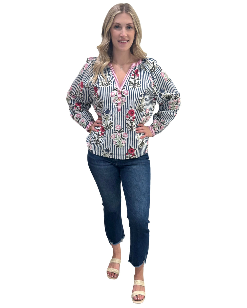 The Chandler Hand Block Printed Floral Striped Cotton Top in Blue Multi — view 2