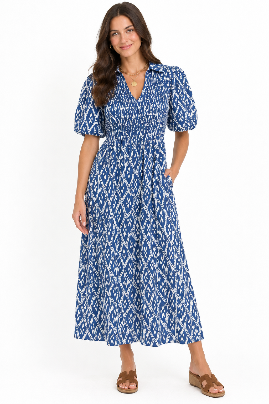 The Joanie Smocked Dress in Blue White Ikat