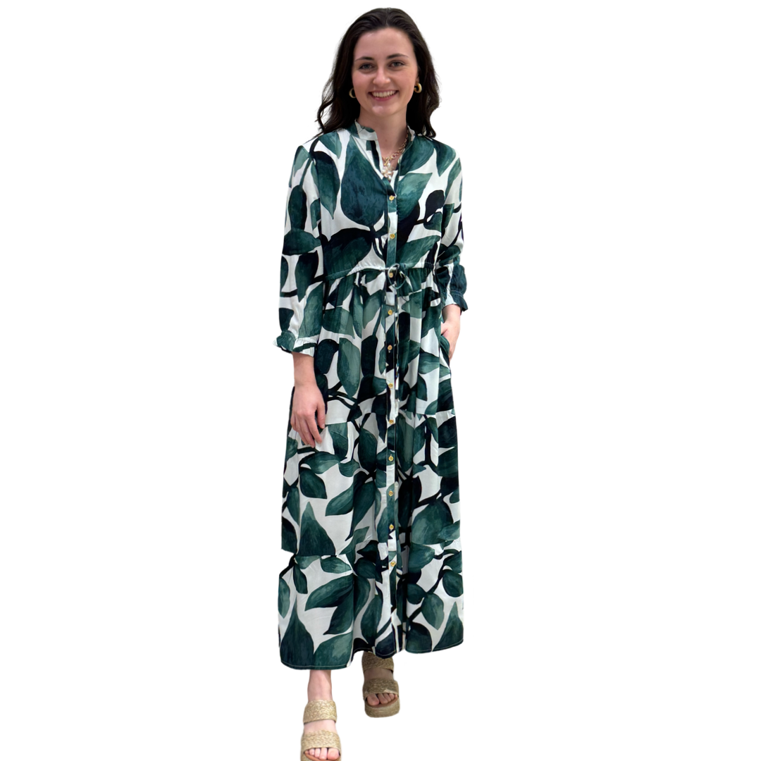 The  Hamilton Tie Waist Dress in Topiary Green Palm Print — view 3