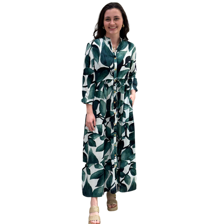 The  Hamilton Tie Waist Dress in Topiary Green Palm Print — view 3