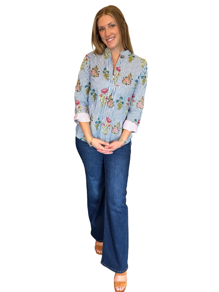 The Eloise Cotton Hand Block Printed Top in Blue Striped Floral