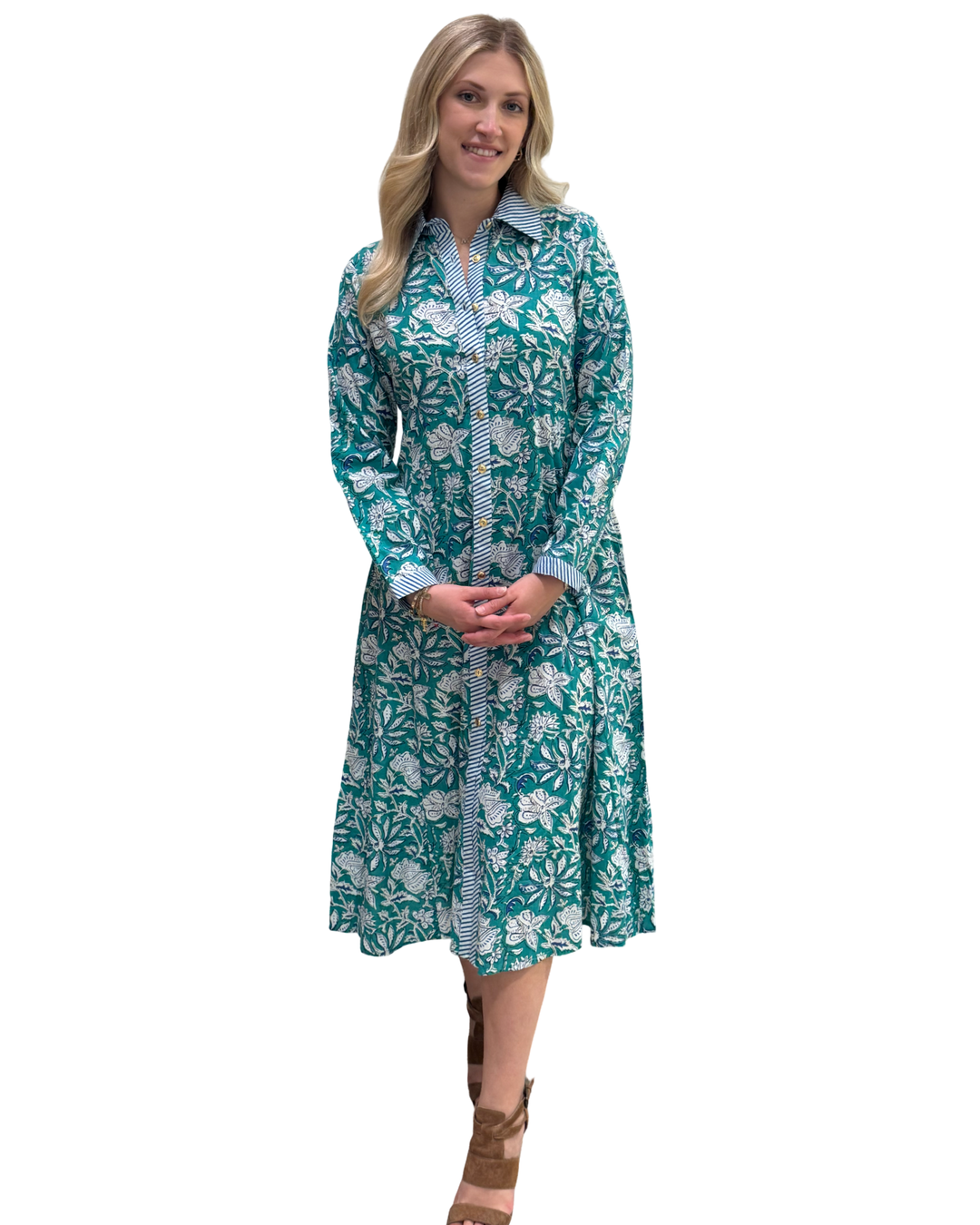 The Marion Hand Block Printed Button Front Dress in Green and Blue Floral — view 2