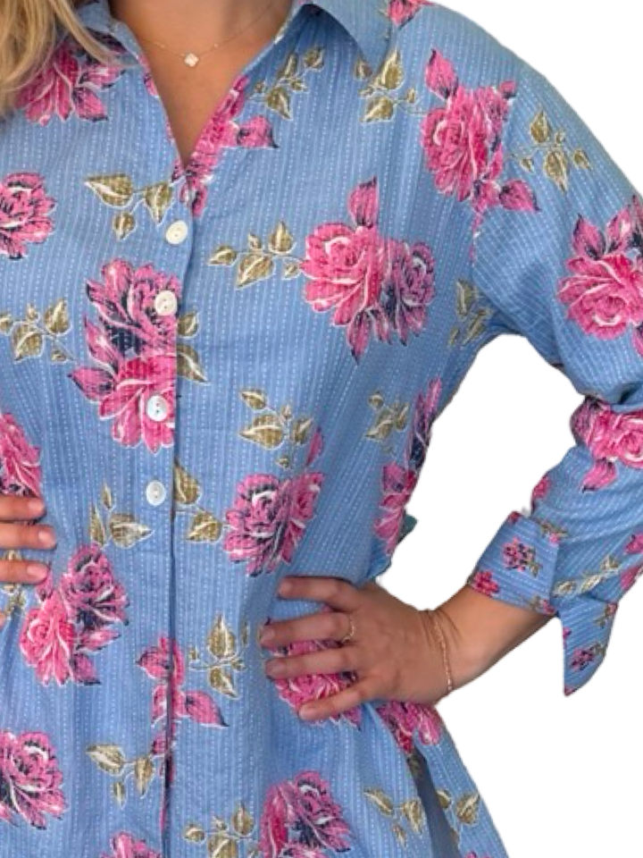 The Mason Button Front Top in Cornflower Blue Pink Floral