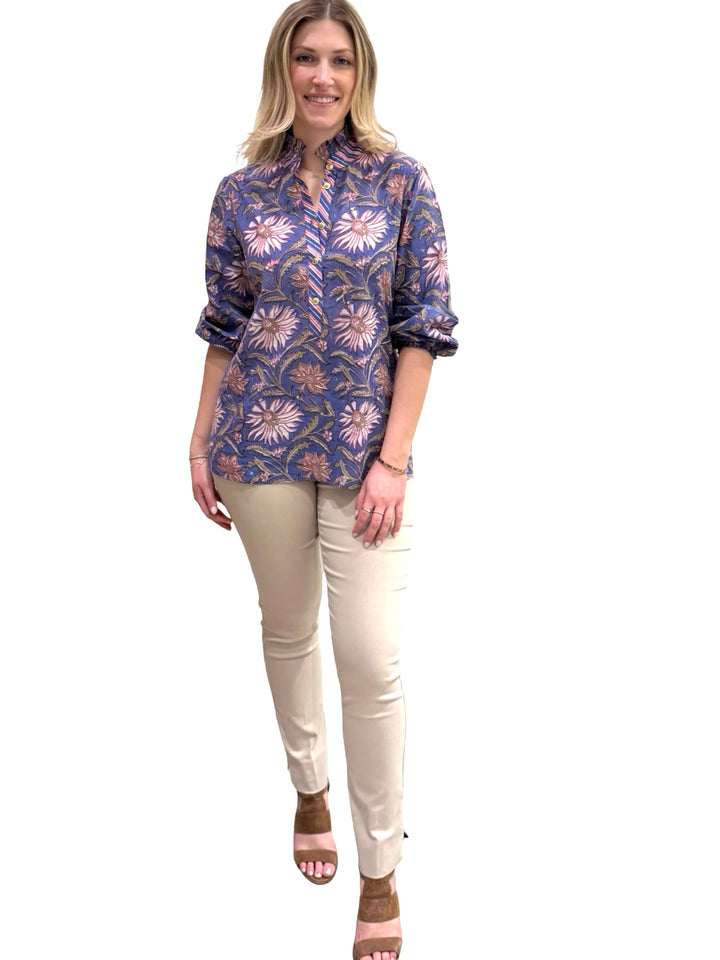 The Tricia Ruffle Trim Hand Block Printed Top in Purple Floral — view 3