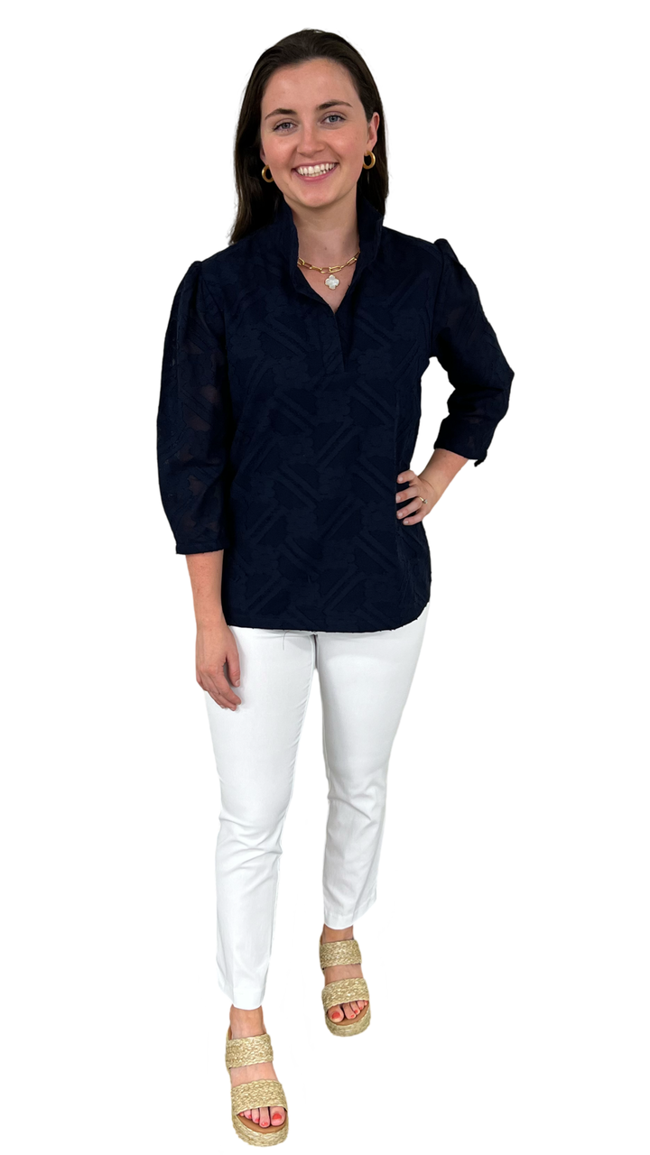The Shipley Stand-Up Collar Top in Navy Jacquard Cotton