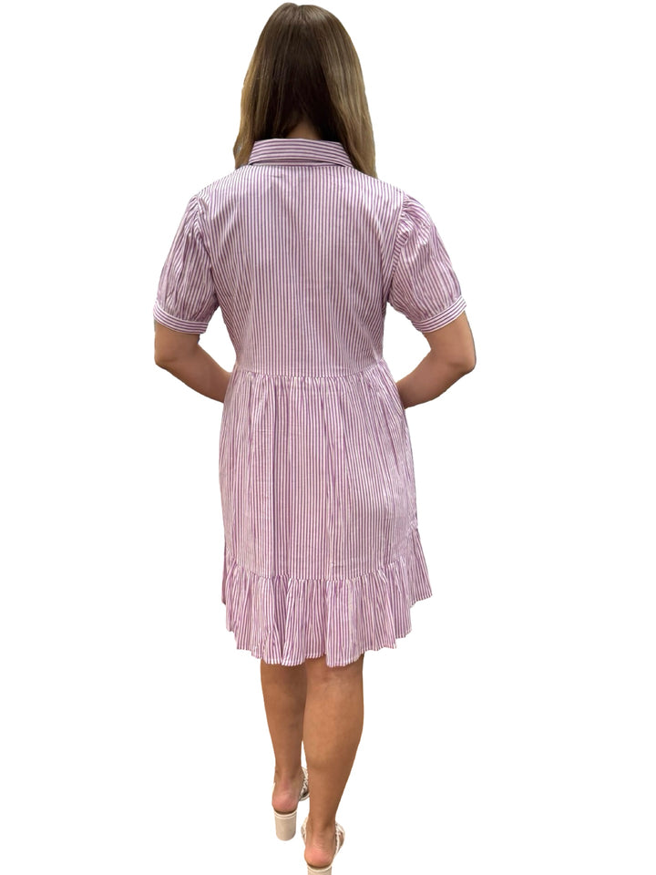 The Tasha Smocked Front Dress in Lavender and White Stripe — view 5