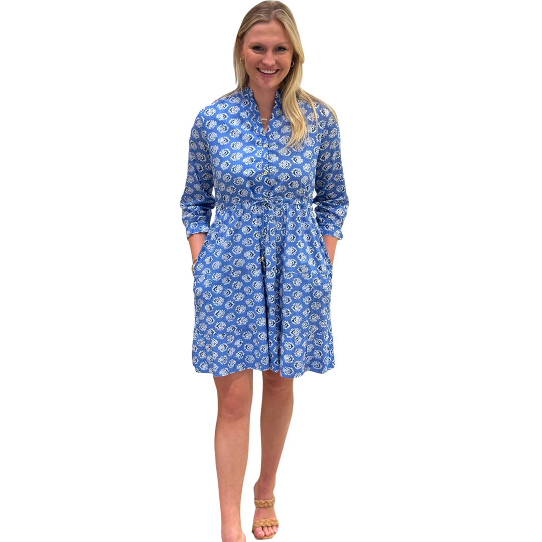 The Hamilton Tie Waist Dress in Blue Block Print Floral