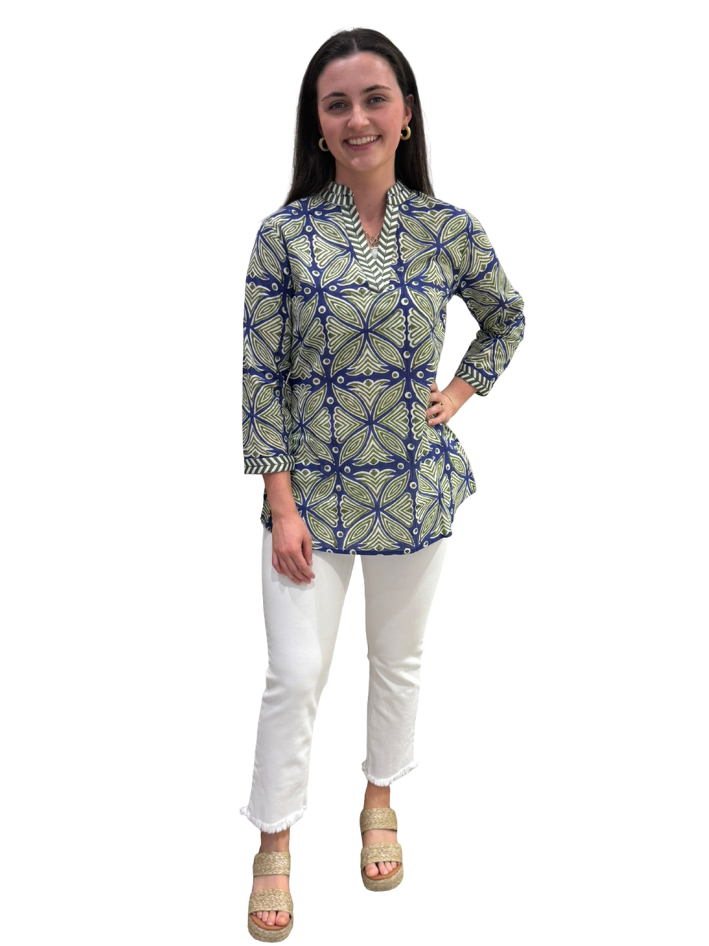 The Brie Embroidered Trim Tunic in Navy Green — view 2