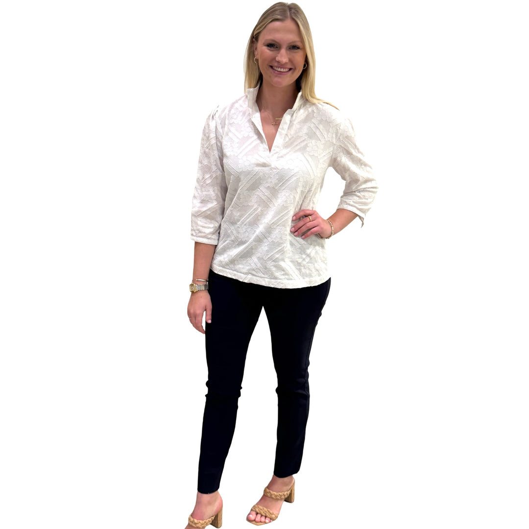 The Shipley Stand-up Collar top in White Cotton Jacquard — view 3
