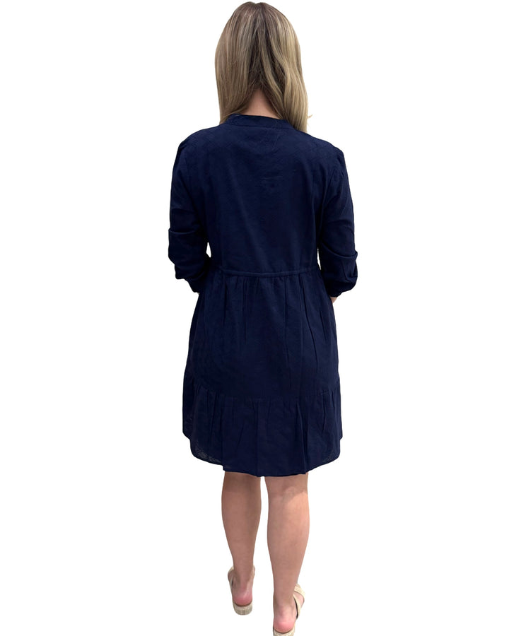 The Hamilton Solid Navy Diamond Jacquard Cotton Tie Front Dress — view 5
