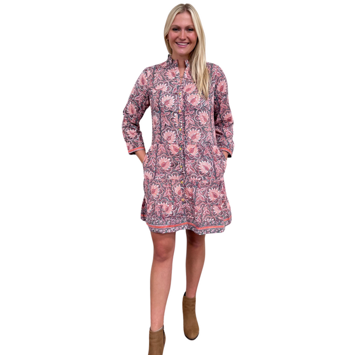 The Lacey Button Front Block Print Dress in Orange Green Floral — view 2