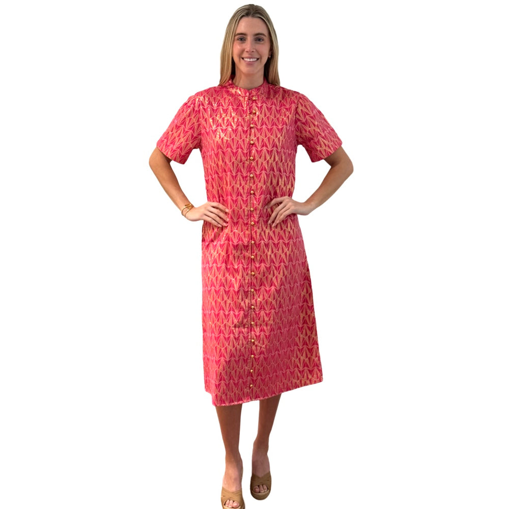 The Tabitha Button Front Dress in Pink and Gold Jacquard — view 2