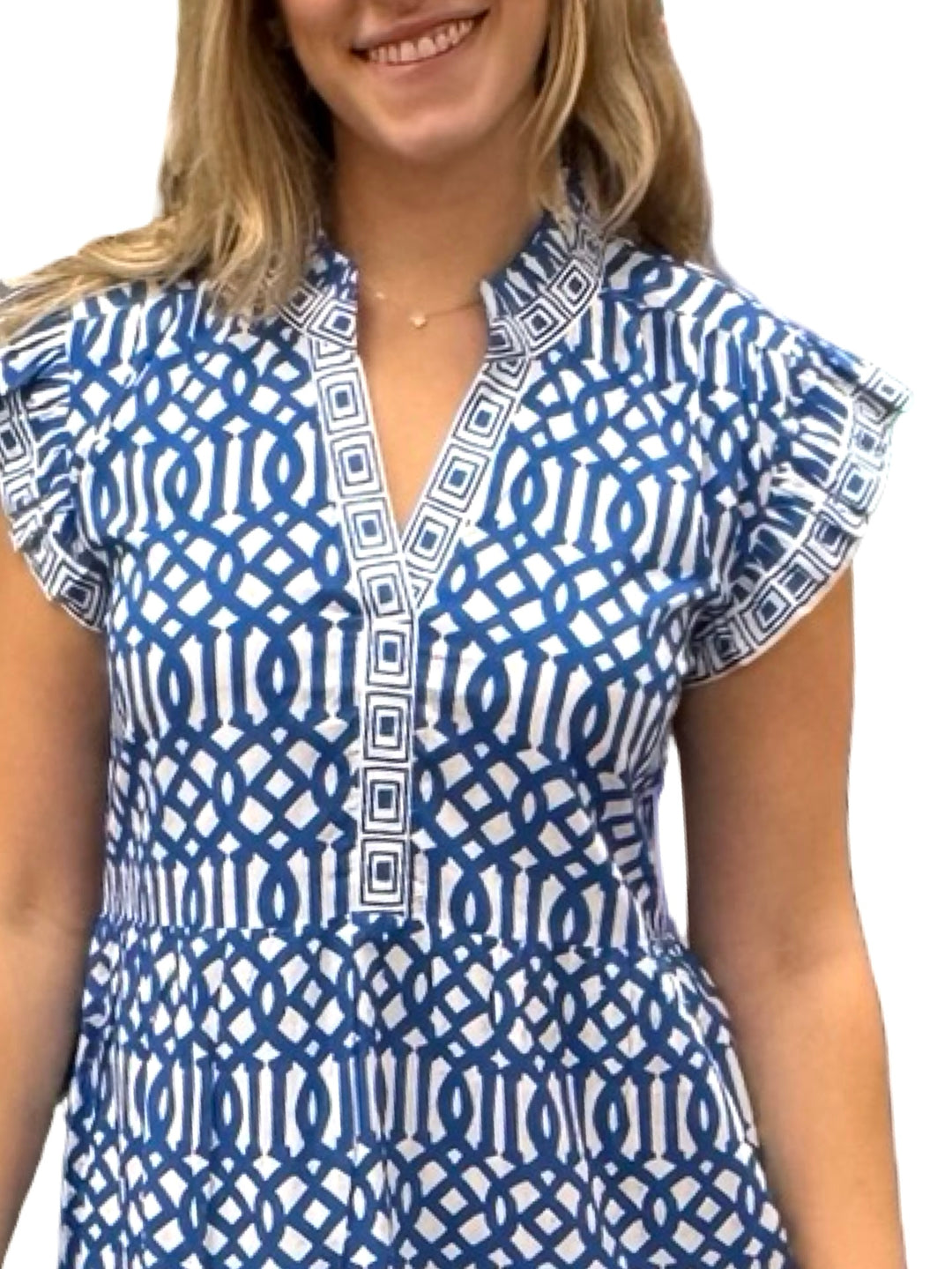 The Campbell Flutter Sleeve Dress in Blue White Trellis Print