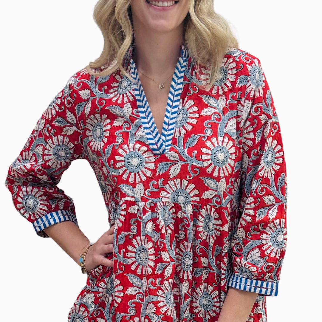 The Morley Embroidered Trim Dress in Blue Red Handblocked Floral — view 4