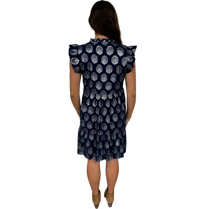 The Fiona Flutter Sleeve Dress in Navy and Silver — view 6
