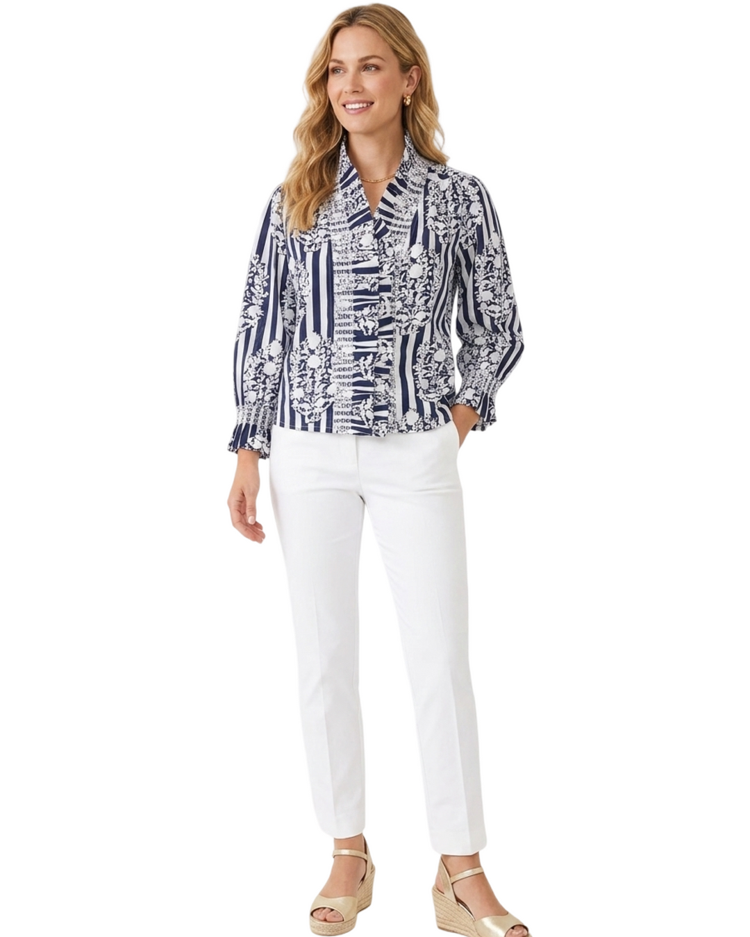 The Amelia Cotton Ruffle Top in Navy Striped Floral Print