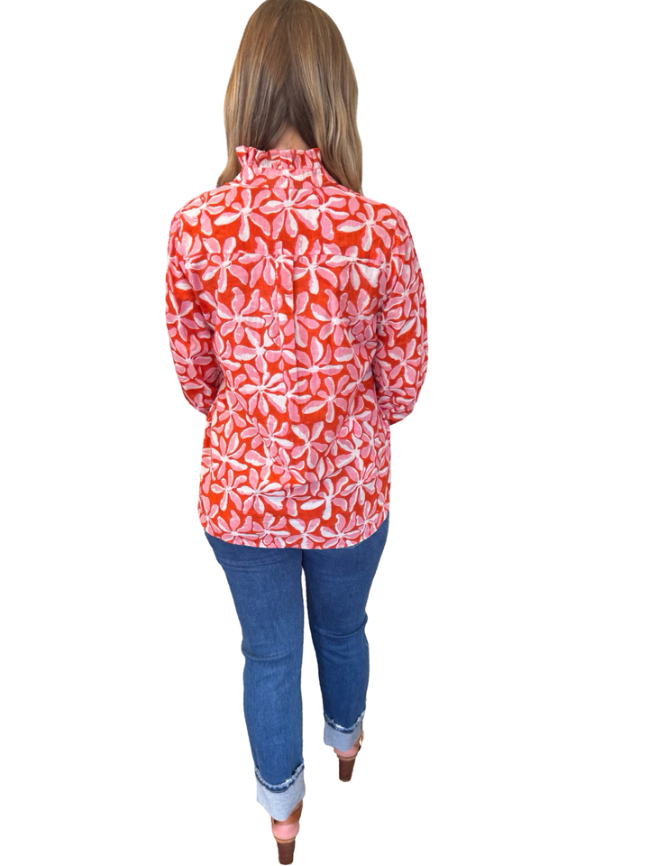 The Tricia Shirt in Red Pink Floral with Bead Detailing