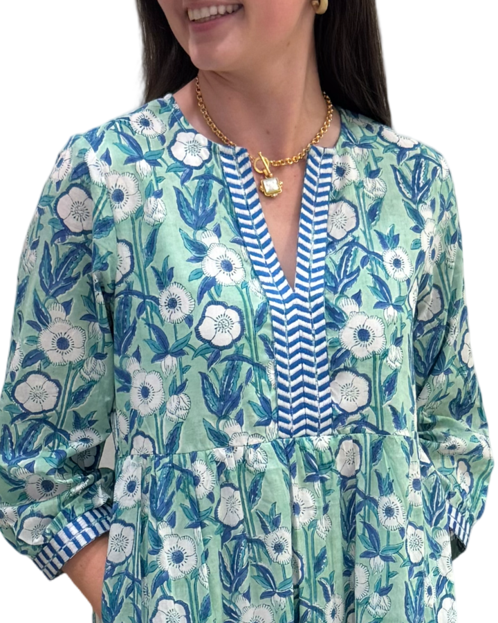 The Daniella Emboidered Trim Dress in Aqua Blue Hand Block Printed Floral — view 5