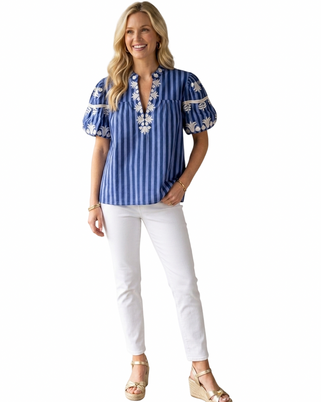 The Kelly Embroidered Cotton Top in Blue Stripe
