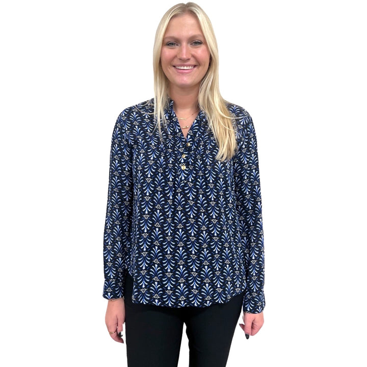 The Avery Button Front Top in Black and Blue Rayon Crepe — view 2