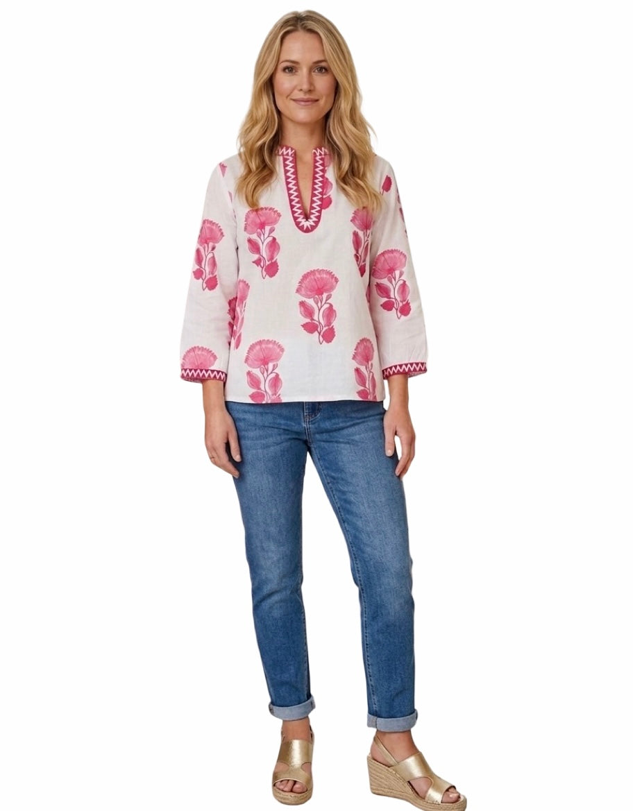 The Kelsea Embroidered Trim Top in Pink White Block Printed Lotus Floral