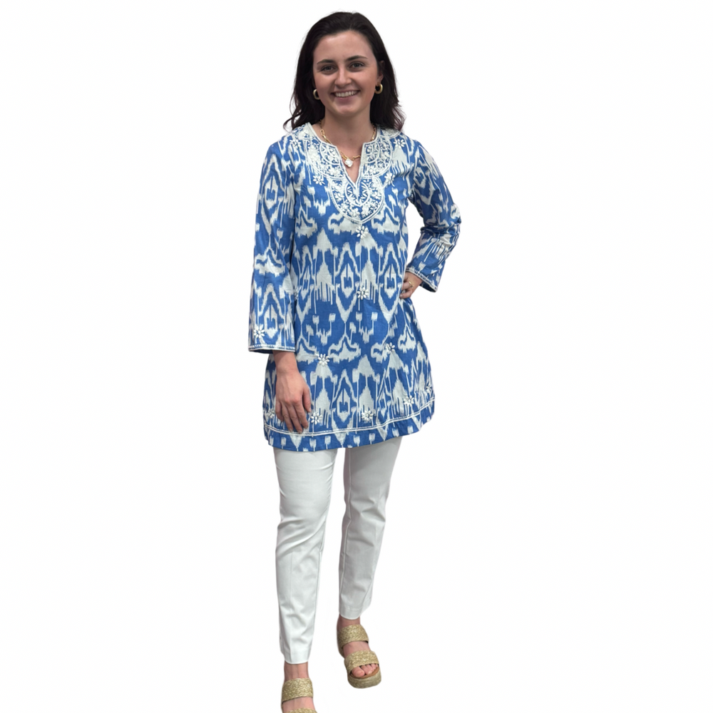 The Key Largo Embroidered Tunic in Blue and White Ikat — view 2
