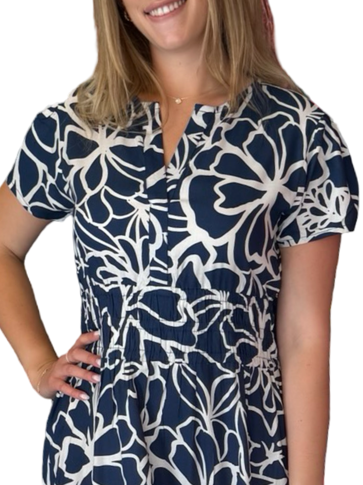 The Sydney Short Sleeve Cinch Waist Dress in Navy White Abstact Floral — view 3