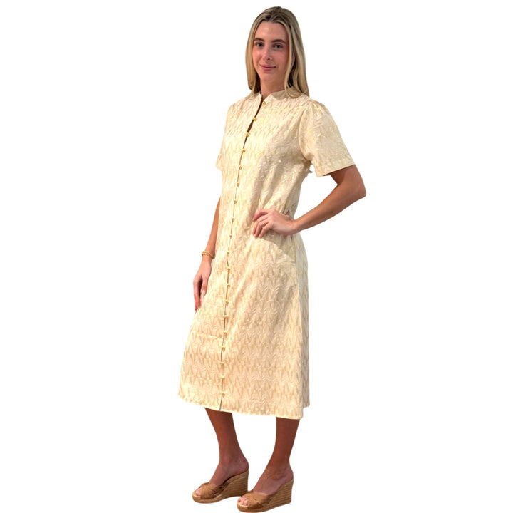 The Tabitha Button Front Dress in White and Gold Jaquard — view 4