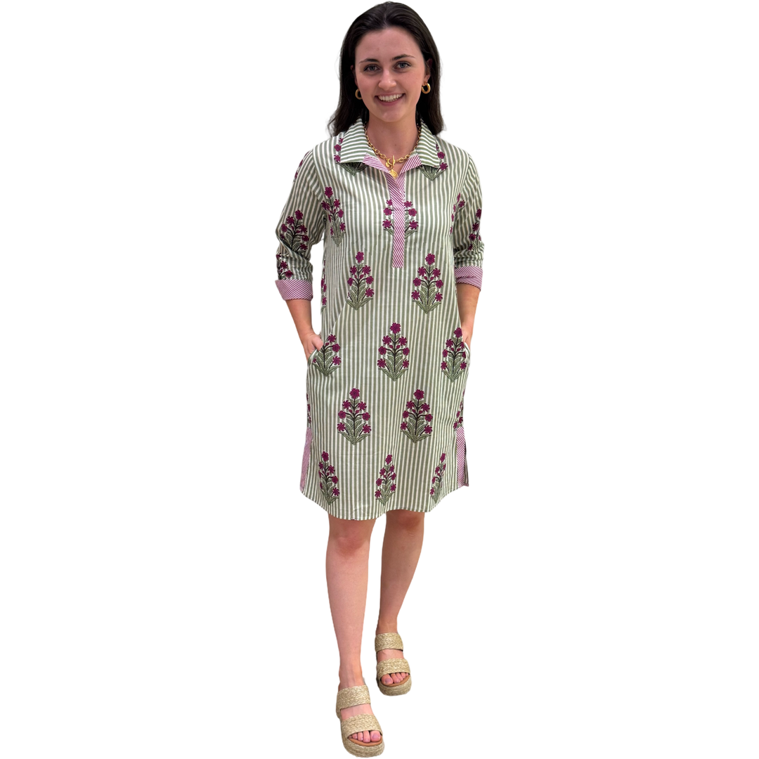 The Lisette Cotton Green Striped Floral Side Pocket Dress — view 2