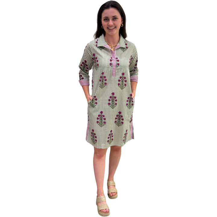 The Lisette Cotton Green Striped Floral Side Pocket Dress — view 2