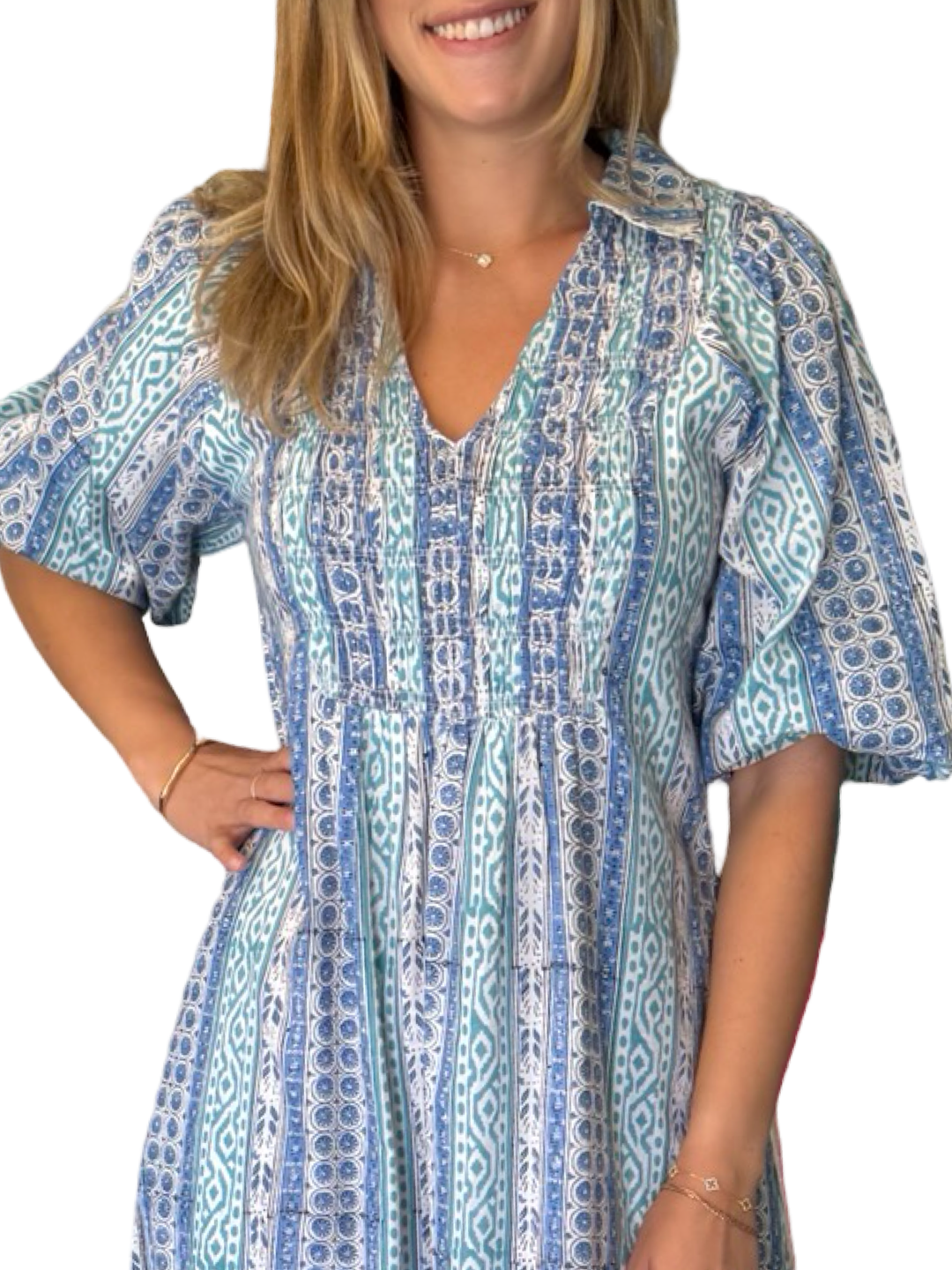 The Joanie Smocked Dress in Multi Green Blue — view 2