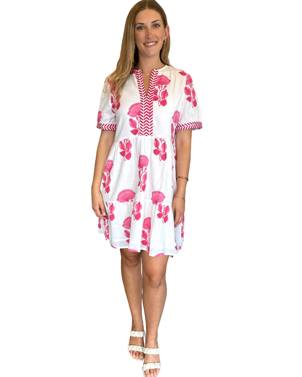 The Daniella Short Sleeve Embroidered Trim Dress in Pink White Lotus Floral — view 2