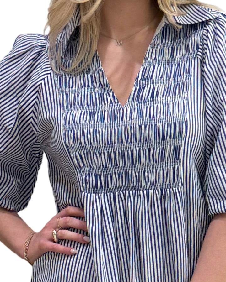 The Joanie White Blue Striped Short Sleeve Smocked Dress — view 3