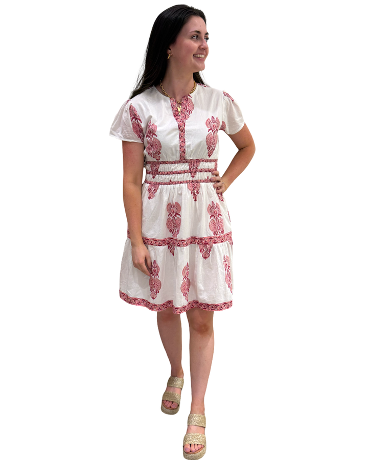 The Sydney Short Sleeve Hand Block Printed Dress in White Peach Pink Print — view 3