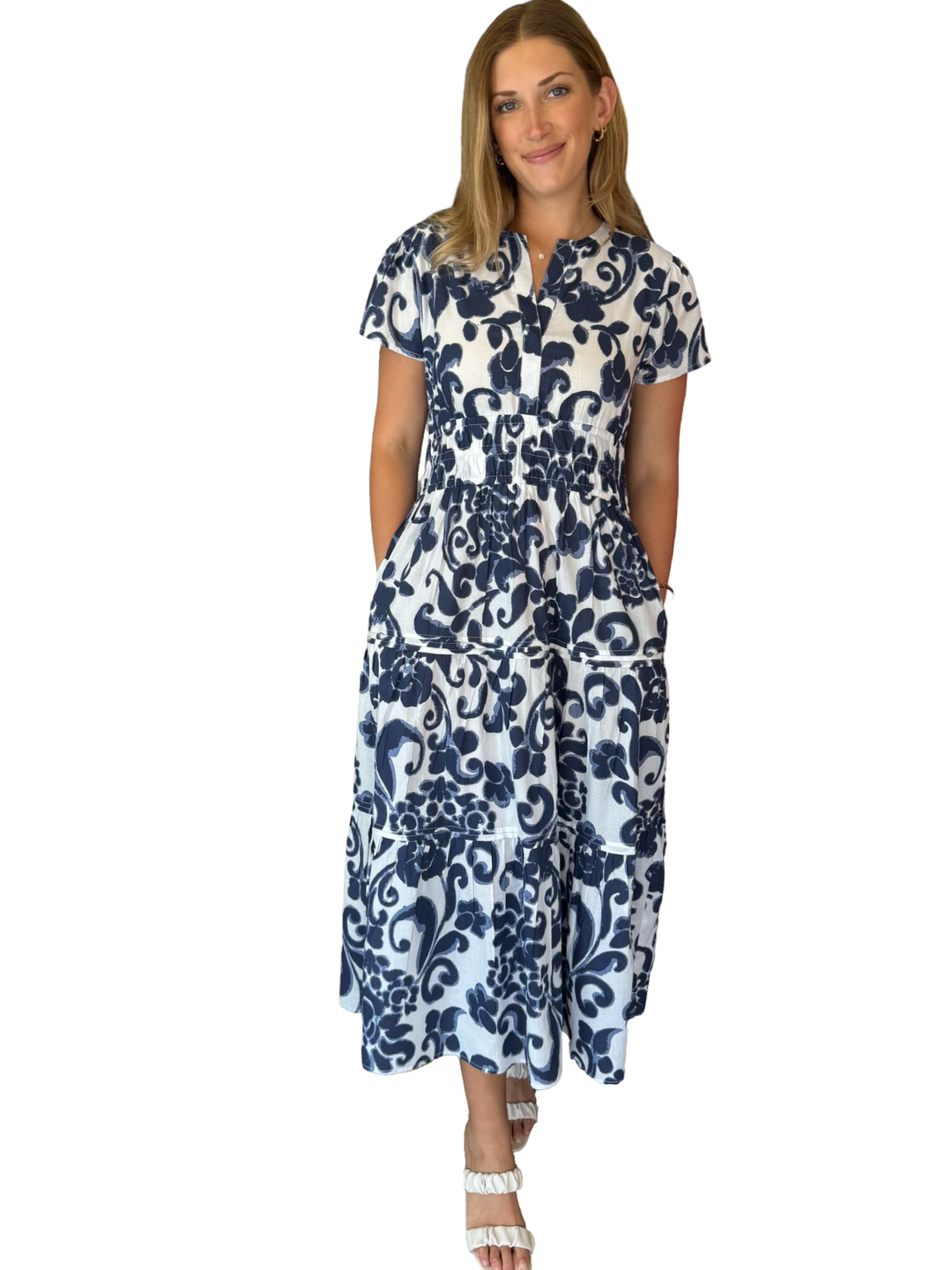 The Sydney Cinch Waist Dress in Blue Floral — view 3