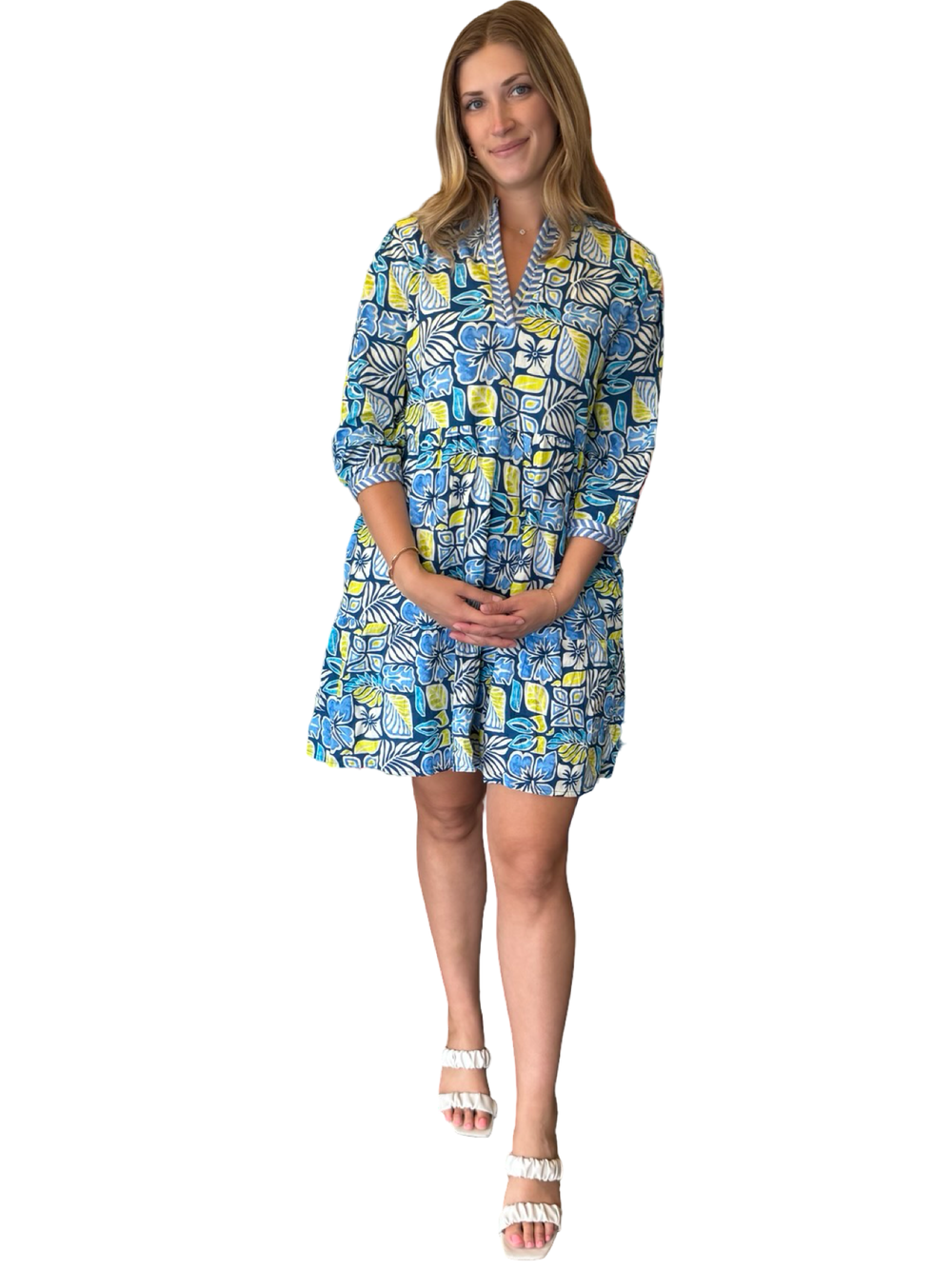 The Daniella Embroidered Trim 3/4 Sleeve Dress in Blue Green Multi — view 2