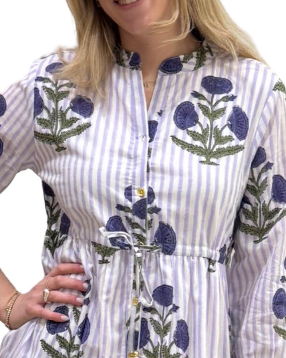 The Hamilton Striped Lavender Cotton Floral Hand Block Printed Dress — view 2