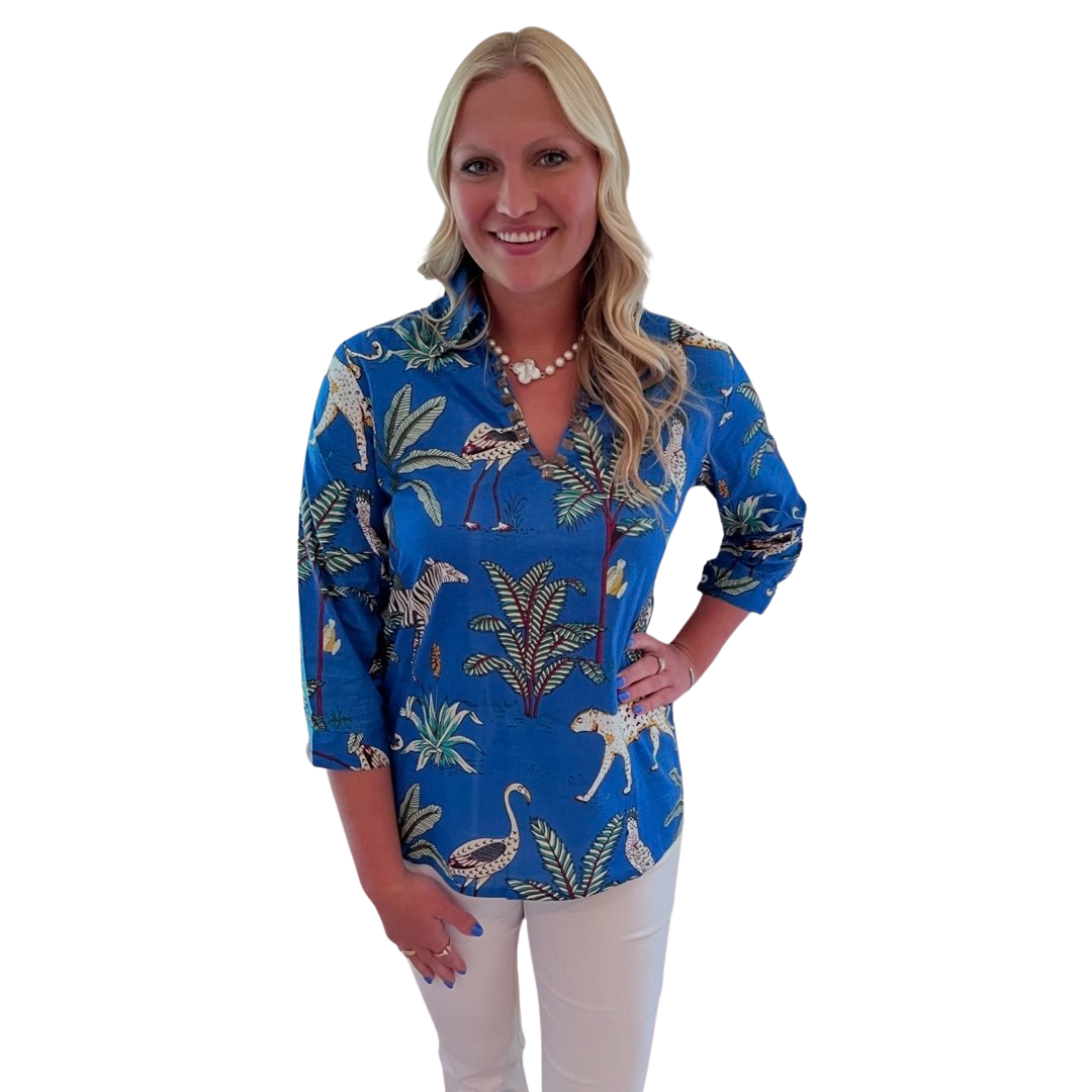 The Carly Cotton Animal Print Top in Maritime Blue — view 6