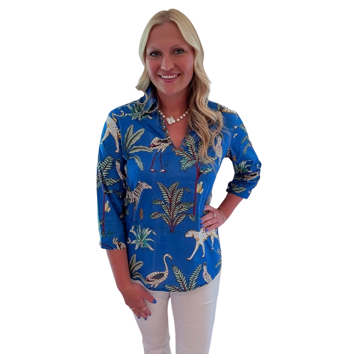 The Carly Cotton Animal Print Top in Maritime Blue — view 6