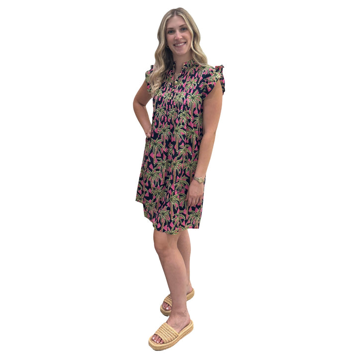 The Maggie Flutter Sleeve Dress in Pink Navy Palm Print — view 5