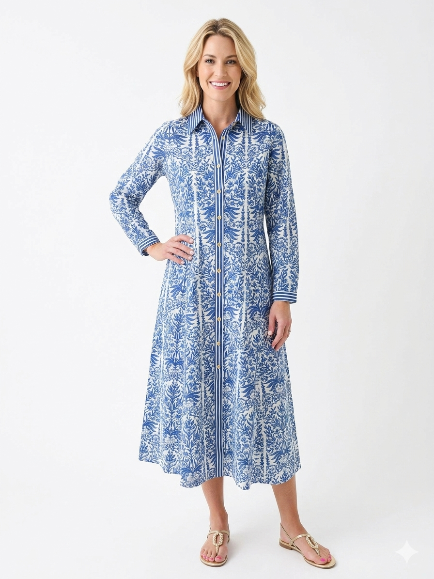 The Marion Button Front Dress in Navy White Hand Block Printed Floral — view 5