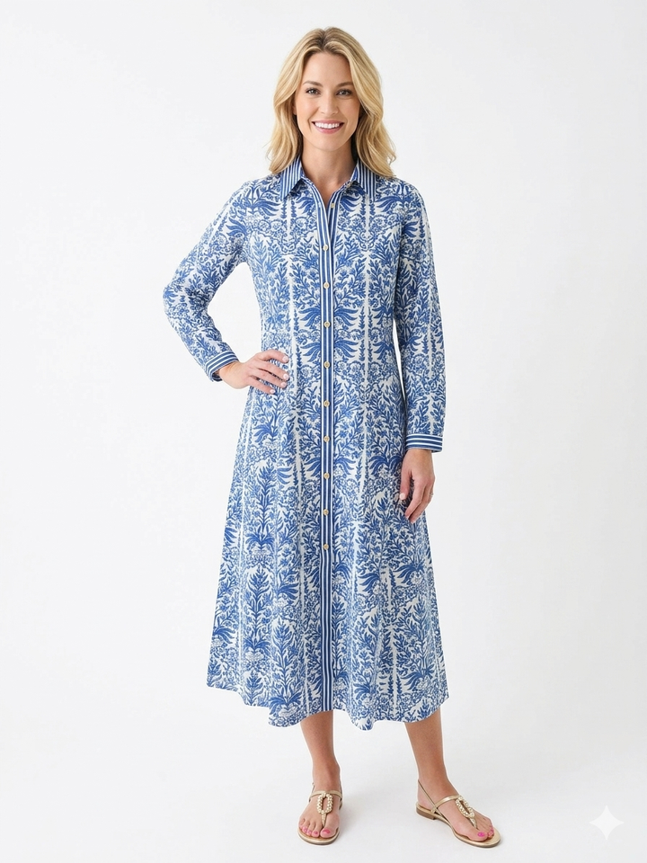 The Marion Button Front Dress in Navy White Hand Block Printed Floral — view 5