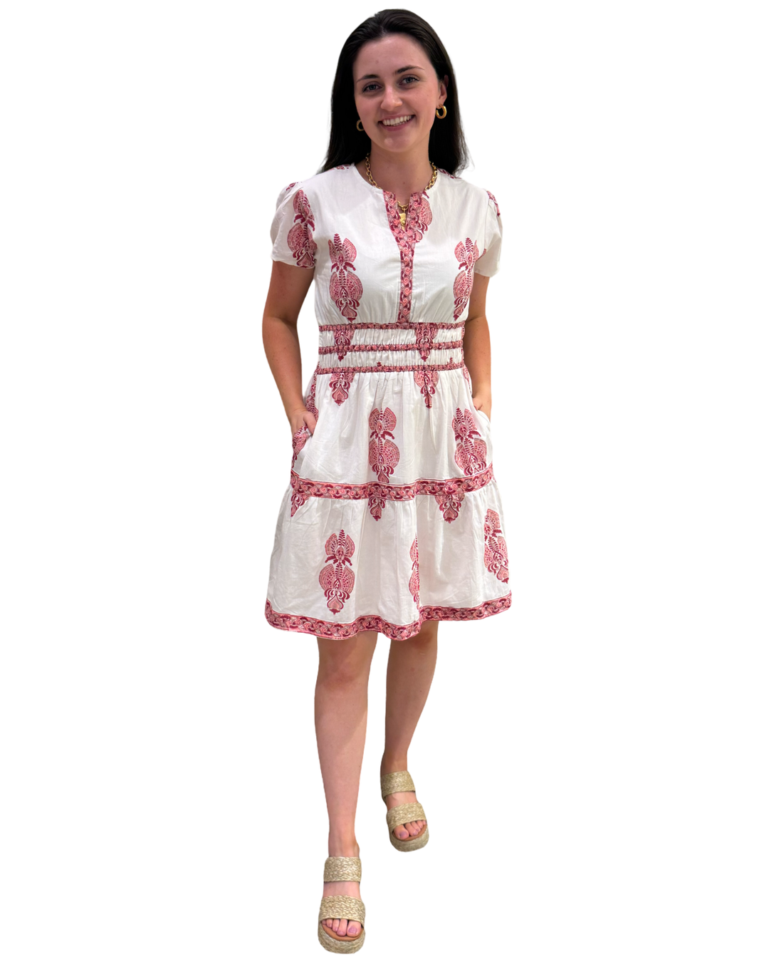 The Sydney Short Sleeve Hand Block Printed Dress in White Peach Pink Print