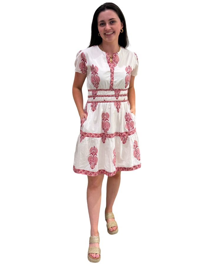 The Sydney Short Sleeve Hand Block Printed Dress in White Peach Pink Print