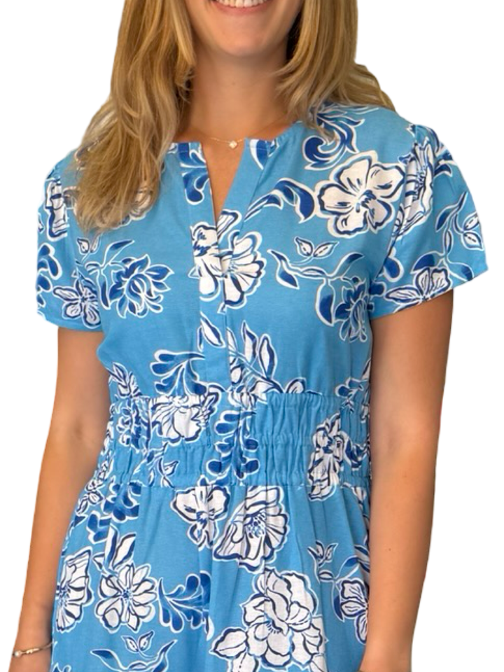 The Sydney Cinch Waist Dress in Blue Turquoise Floral — view 4